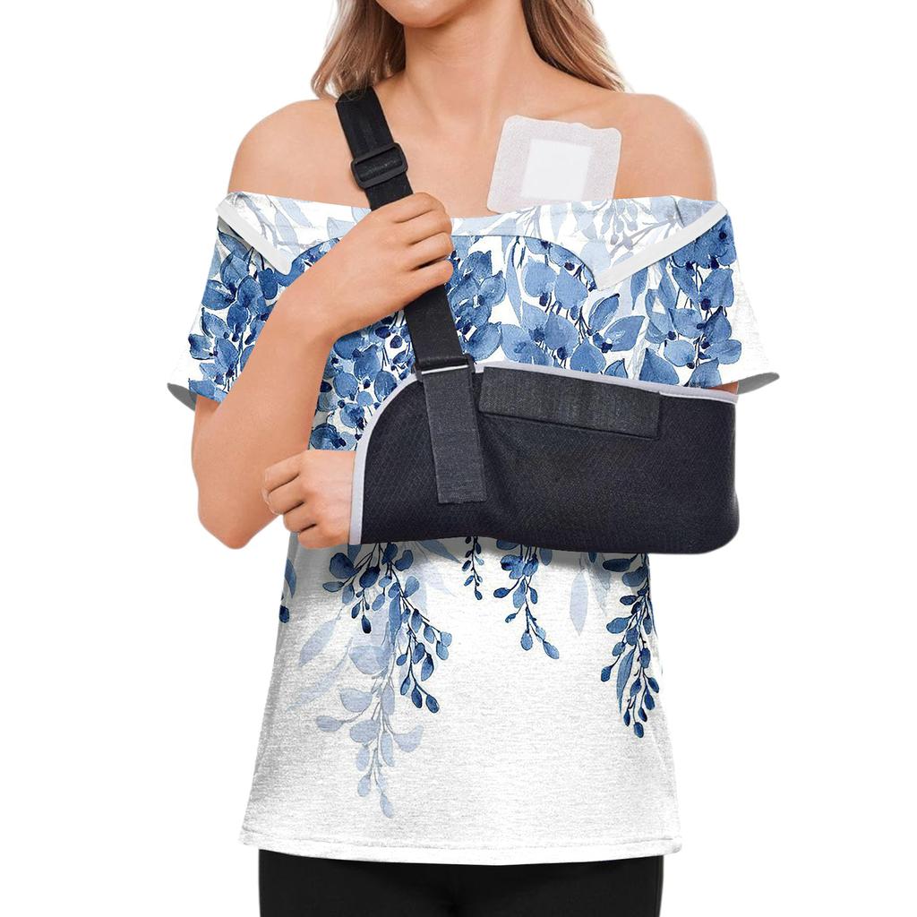 Post Surgery Women Short Sleeve Shirt Floral Print Zipper Shoulder Side Velcro Closure Comfortable Recovery Top for Medical Use