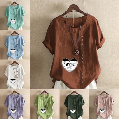 Women's Fashion Sleeping Children Prined Round Neck Short Sleeve T-shirt Casual Cotton Linen Graphic Shirt Leisure Loose Summer Blouse Tops