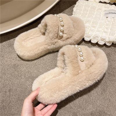 Internet Celebrity Pearl Fluffy Slippers Women Wear Thick Bottom Ins Tide 2025 New Autumn and Winter Versatile Household Dormitory Cotton Mop