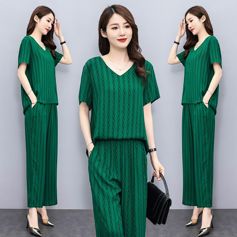 Sommeranzug für Frauen im mittleren Alter Neue elegante zweiteilige Sets Damen-Outfits Lose Vintage-Druck-Hosen-Set mit weitem Bein