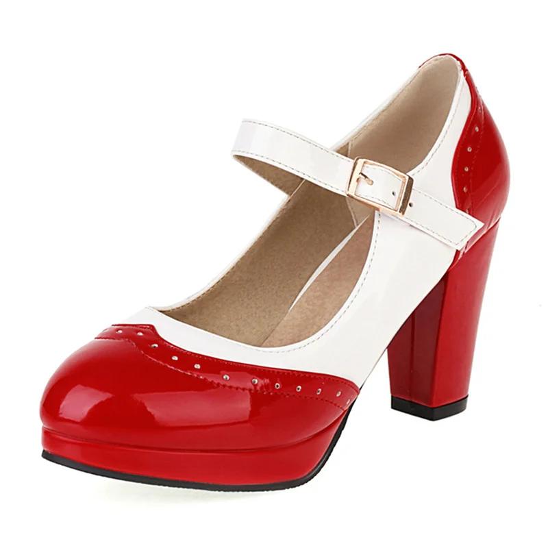 

Желтые разноцветные туфли Мэри Джейн на платформе для женщин с круглым носком, высоким блочным каблуком, офисные, розовые, красные, из лакированной кожи, с ремешком на пряжке 46 красный