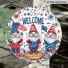 2D Flat, 1pc 4th of July Wreath Gnome Welcome Door Decor, Patriotic Bow Round Aluminum Decorative, American Star Flag, Weatherproof Metal Wall Decor