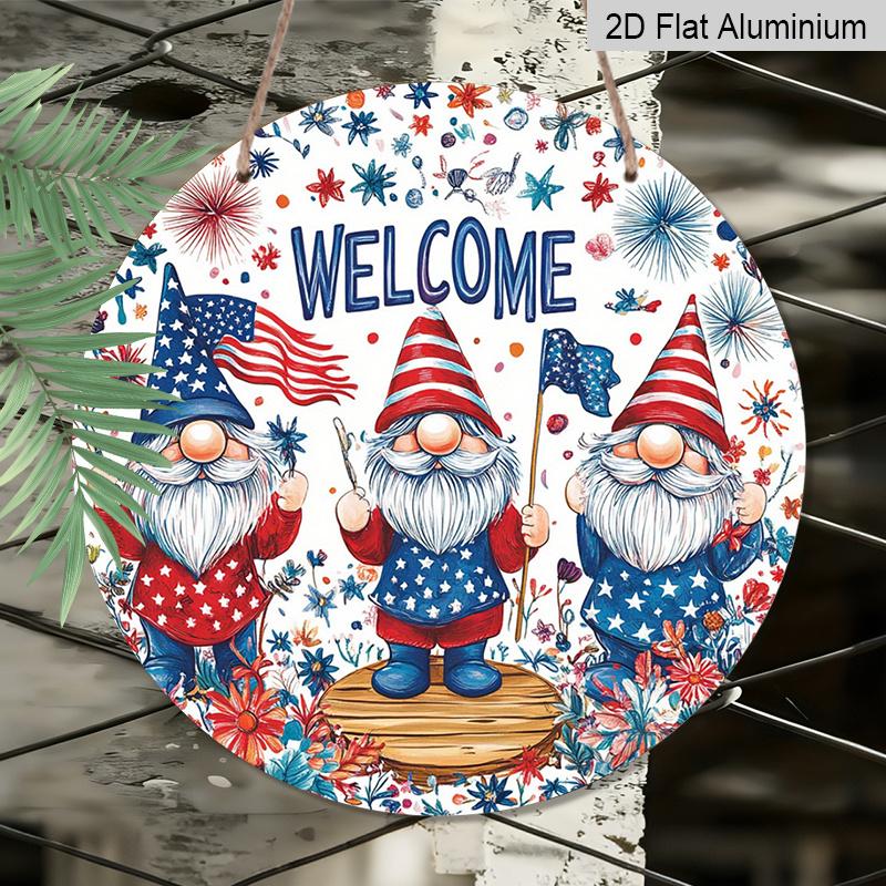 2D Flat, 1pc 4th of July Wreath Gnome Welcome Door Decor, Patriotic Bow Round Aluminum Decorative, American Star Flag, Weatherproof Metal Wall Decor