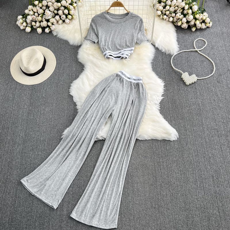 

Sweet Sexy Crew Neck Casual Bell-Bottom Pants Fashion Suit Gray One size