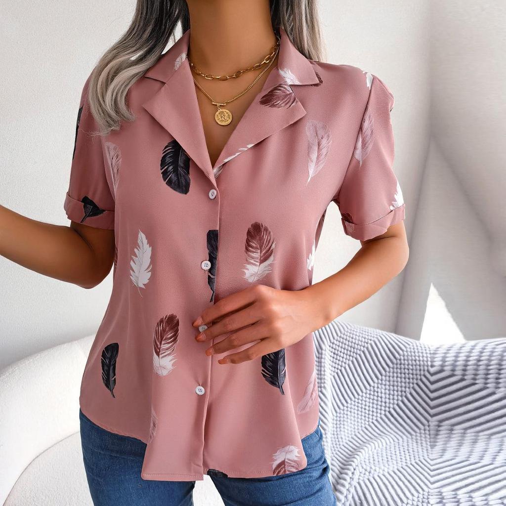 Women Summer Suit Collar Feather Loose Short Sleeve Shirt Blouses Loose All Match Tops