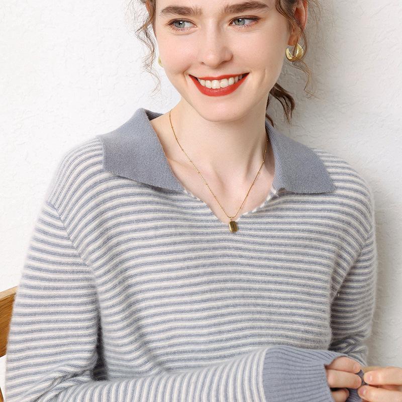 Women's Color-Block Lapel Knit Sweater: Loose Long Sleeve Stripe Base Layer for Autumn/Winter