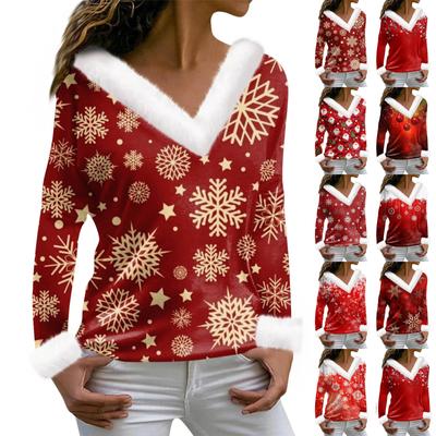 Women's T Shirt Tee Christmas Print Shirt Long Sleeve Party Fleece Collar V Neck Top
