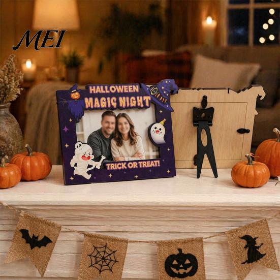 Wooden Picture Holders Halloween Photo Frame, Double Layer Wood Tabletop Holder, Autumn Party Decor Creative Display Stand for Home Holiday Frames