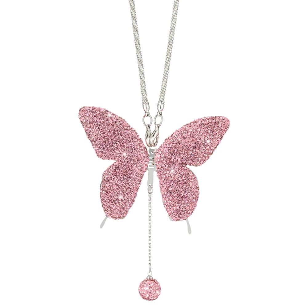Crystal Butterfly Lucky Hanging Car Interior Pendant Rear View Mirror Charms for Women Ornamental Accessory for Vehicle Interior