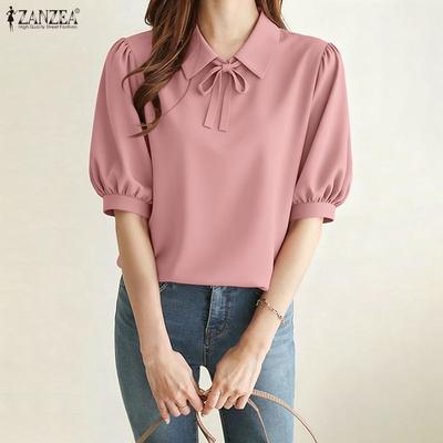 Women Casual Turn Down Collar Solid Color Loose Half Sleeve Blouse