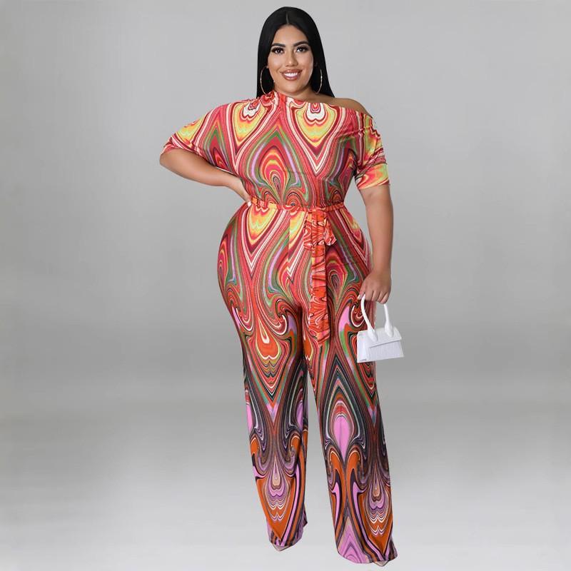 MY928 Plus Size Womens Off-Shoulder Ethnic Print Jumpsuit 2025 Lightweight Knit Romper With Moderate Stretch Straight Leg Pant