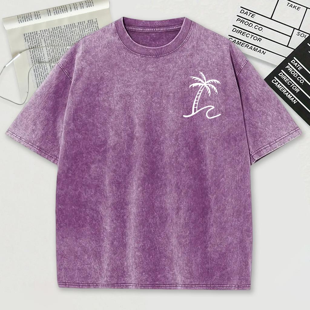 Simplified Coconut Tree Print Snow Wash Men Tee Shirts Summer Breathable O-Neck T Shirt Soft Washed Clothes Short Sleeve