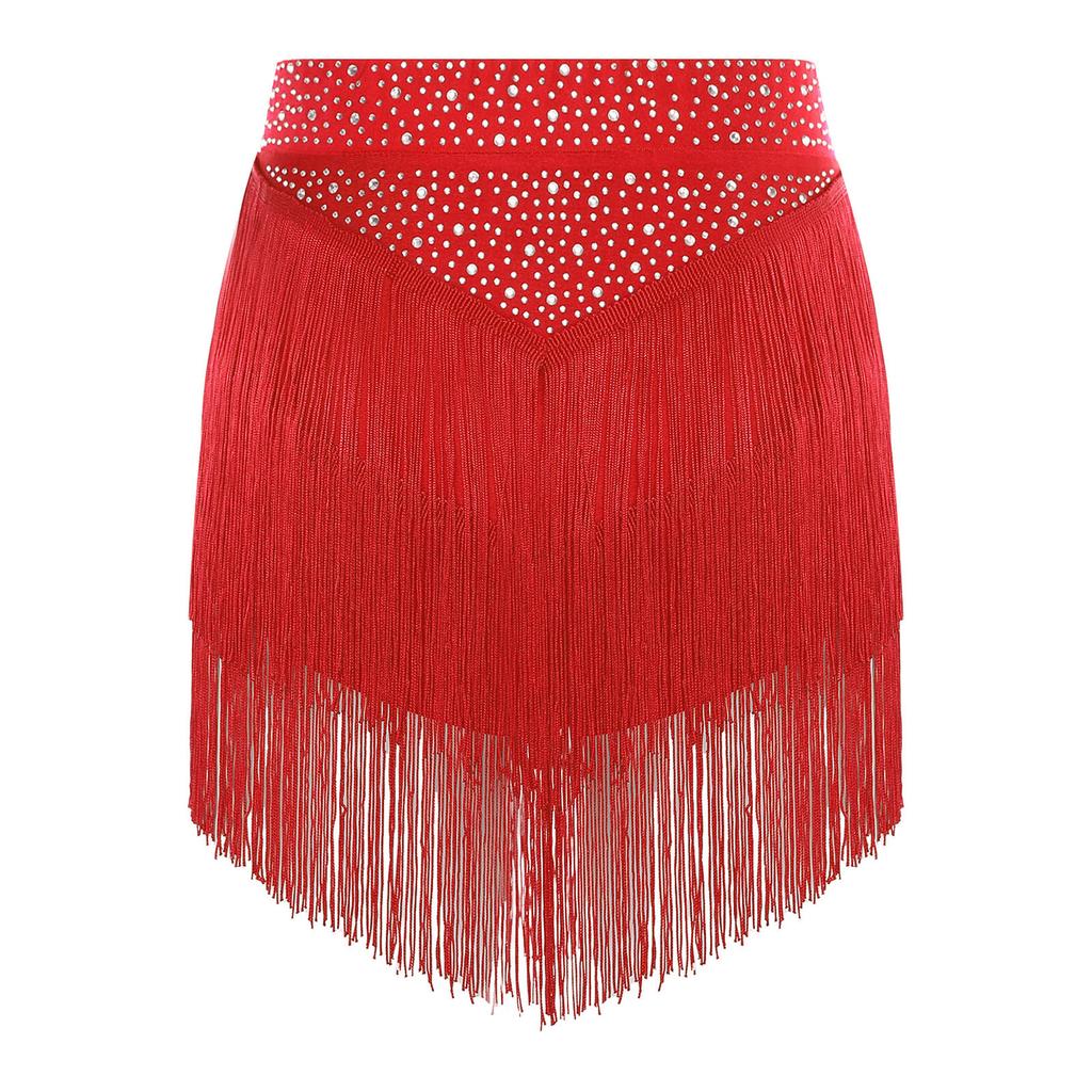 Womens Salsa Dance Costume Elastic Waist Tiered Tassel Skirt Latin Performance Competition Outfit Party Wear