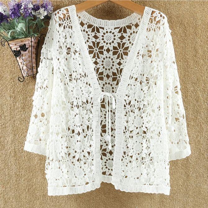 

Вязаный крючком жакет-кардиган с цветочным узором и рукавами 9/4, новая женская шаль в художественном стиле в стиле ретро. One Size белый