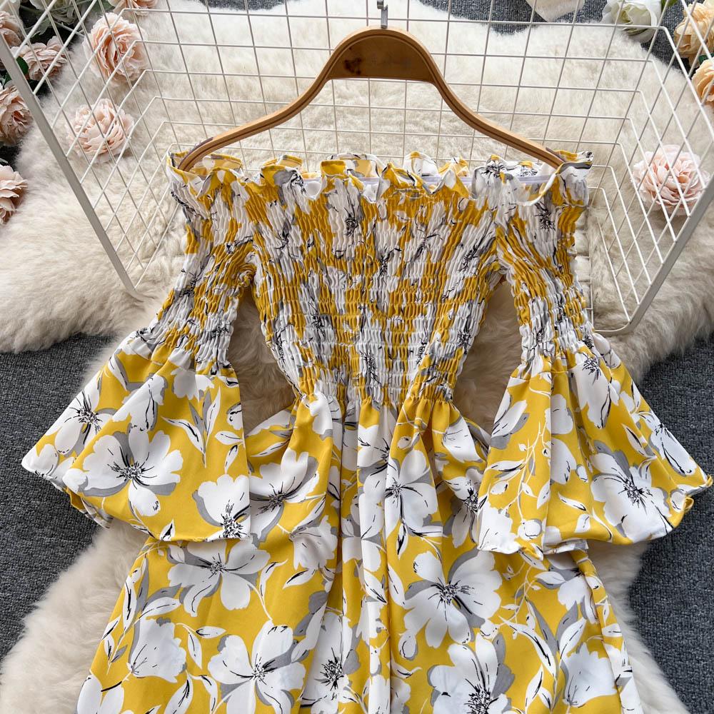 Floral Print Strapless Dress Women French Slash Neck Flare Sleeve Elastic Waist Lady Vacation Fashion Slm A Line Dress