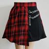 Women Mini Skirt Checkered Print Contrasting Color Pleated Skirt High Waist Metal Chains Belts Decoration Irregular
