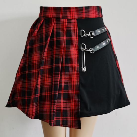 Women Mini Skirt Checkered Print Contrasting Color Pleated Skirt High Waist Metal Chains Belts Decoration Irregular Skirt