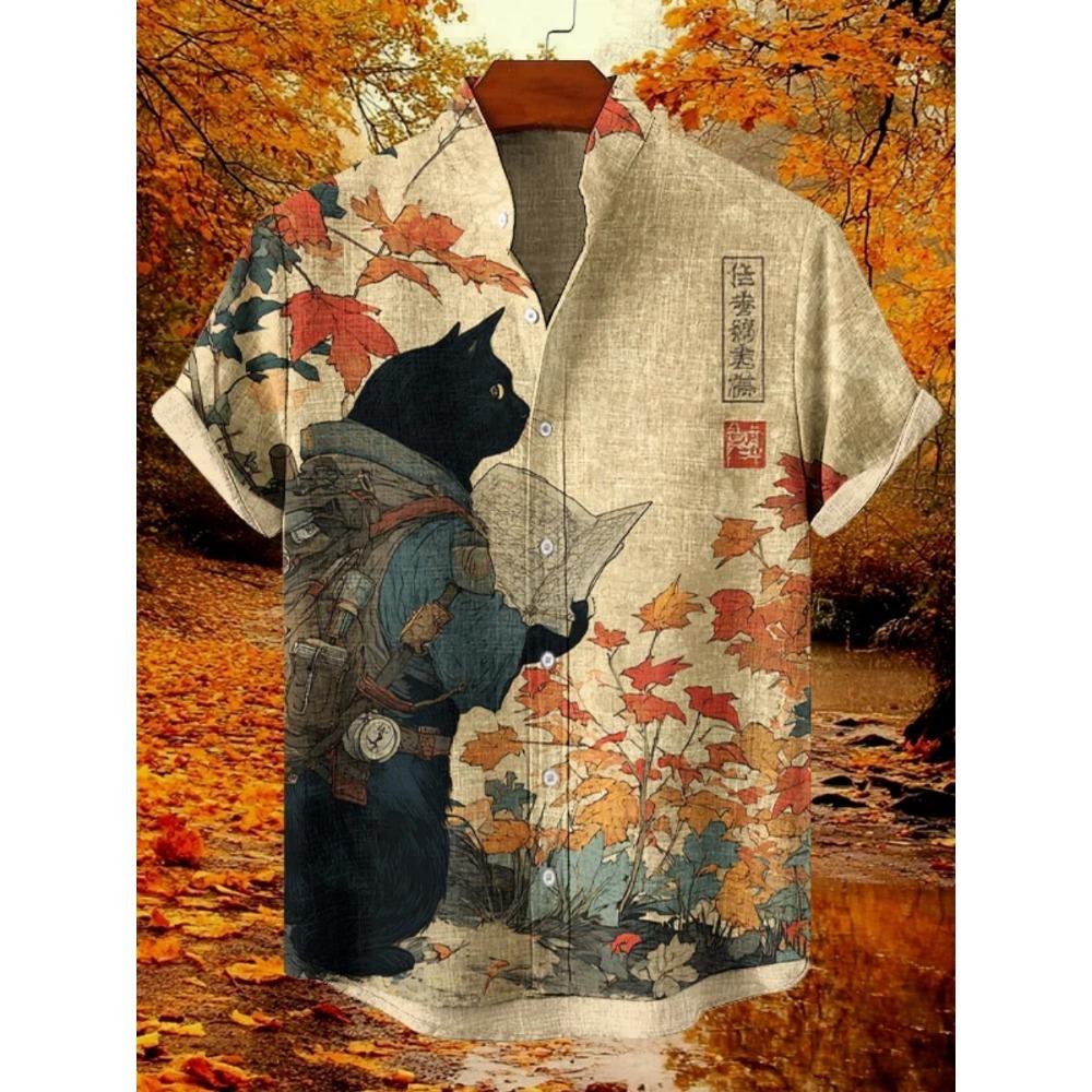 Camisa con Estampado de Pez de Arte Japonés, Nueva Camisa Cardigan de Verano de Manga Corta con Cuello Alto, Camisa Transpirable Casual de Calle para Hombre