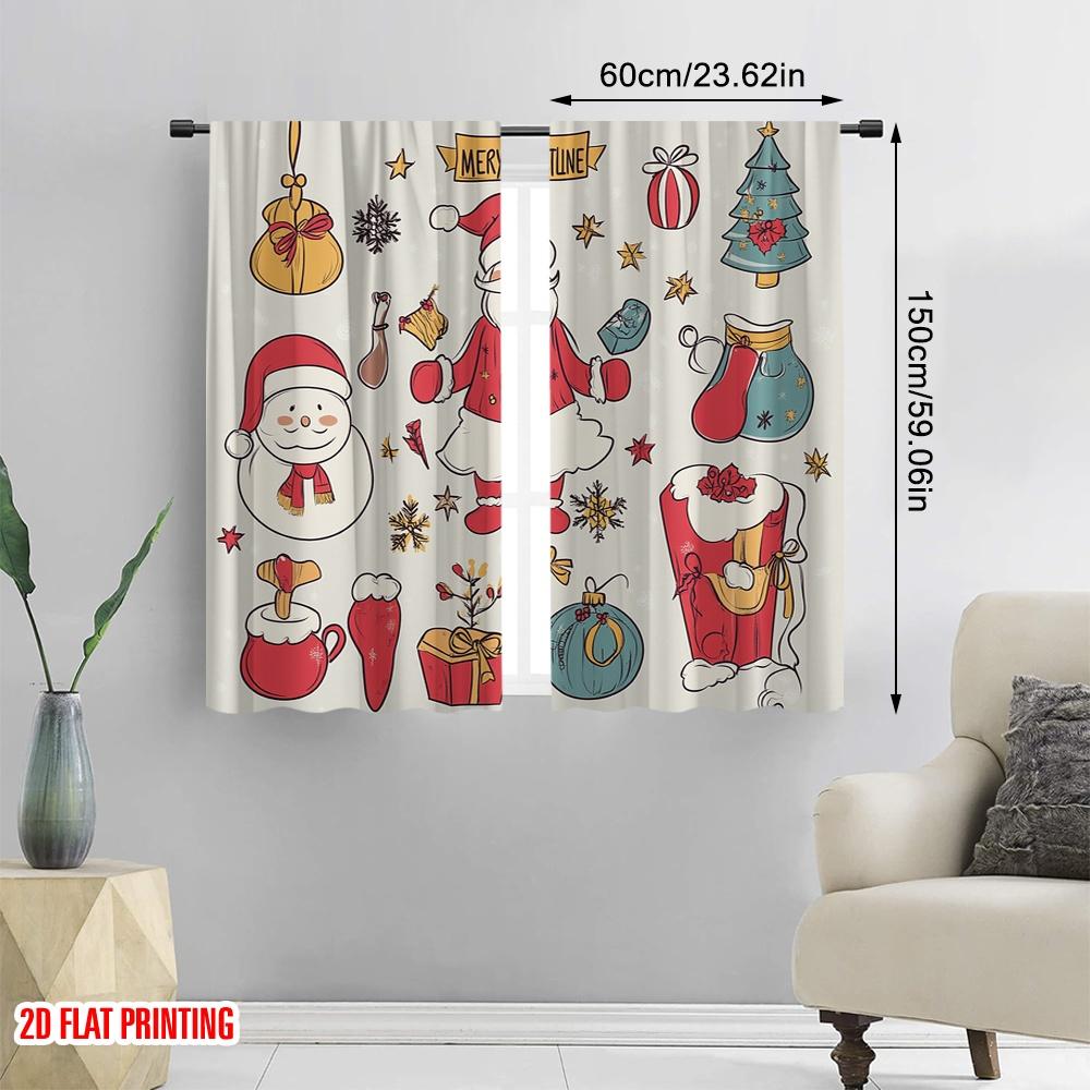 2pcs,2D Plane Printing Window Curtain Christmas Ornaments Merry Christmas Gifts Polyester Fabric (without Rod) Decorations For