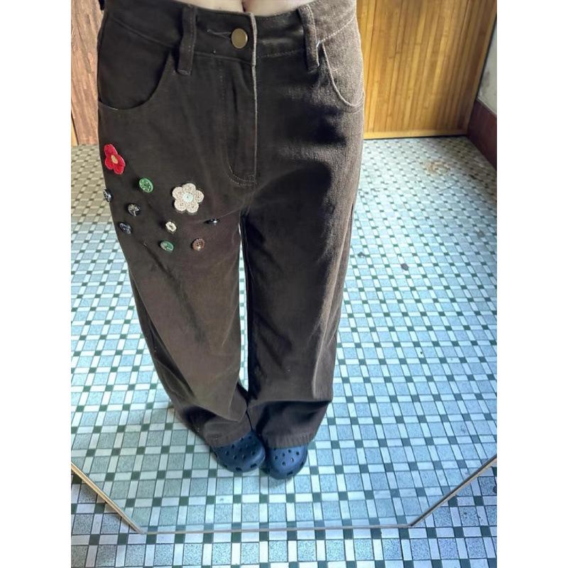 Women's High-Waist Floral Button Retro Jeans - Wide Leg, Loose Fit for Fall/Winter