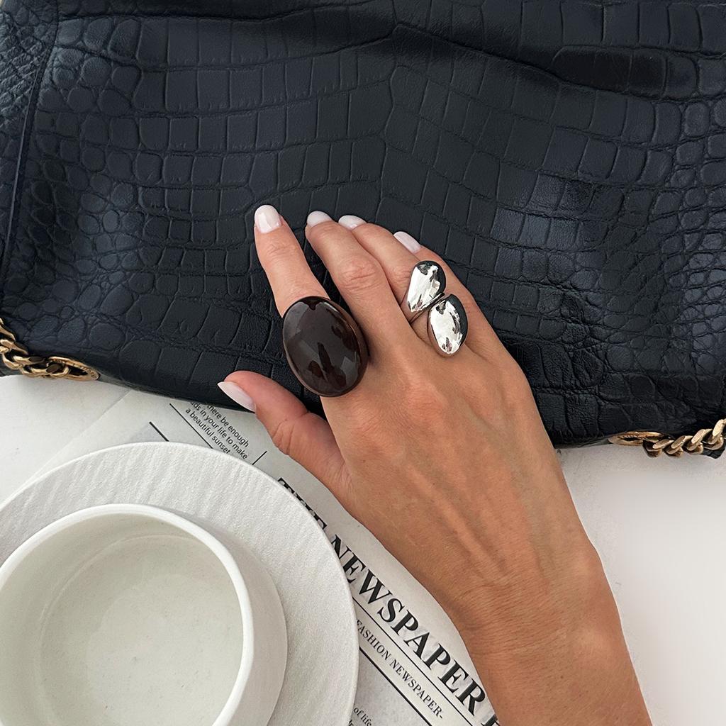 Fashion Smudge Resin Wide-Sided Ring Set, Exaggerated Special-Shaped Metal Cross-Glossy Ring.