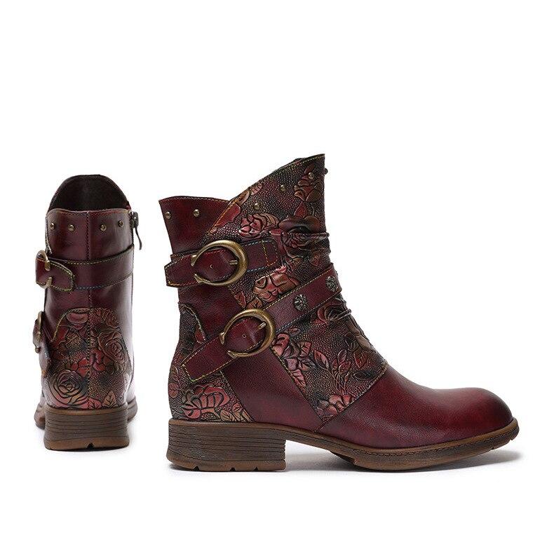 Johnature Boty z pravé kůže Dámské Kozačky Zimní potisk s kulatou špičkou na zip Ruční výroba Stručné Kotníkové boty pro volný čas
