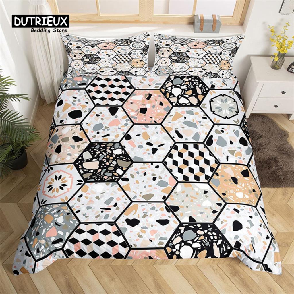 Marble Duvet Cover Set Microfiber Geometric Hexagone Quilt Cover Honeycomb Bedding Set Single King Queen For Kids Teens Adults