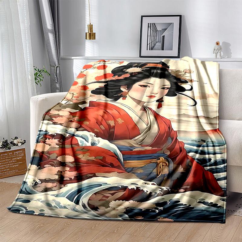 1pc Japanese Geisha Floral Print Blanket Home Decor, Sofa Throw, Outdoor Blanket .W050