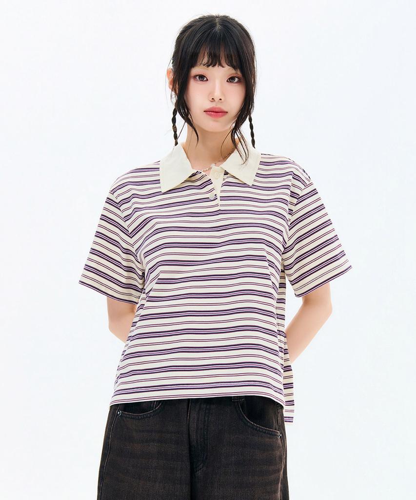 CHASECULT Women'S Striped Collared Short Sleeve T-Shirt-Fbrg5791D0A