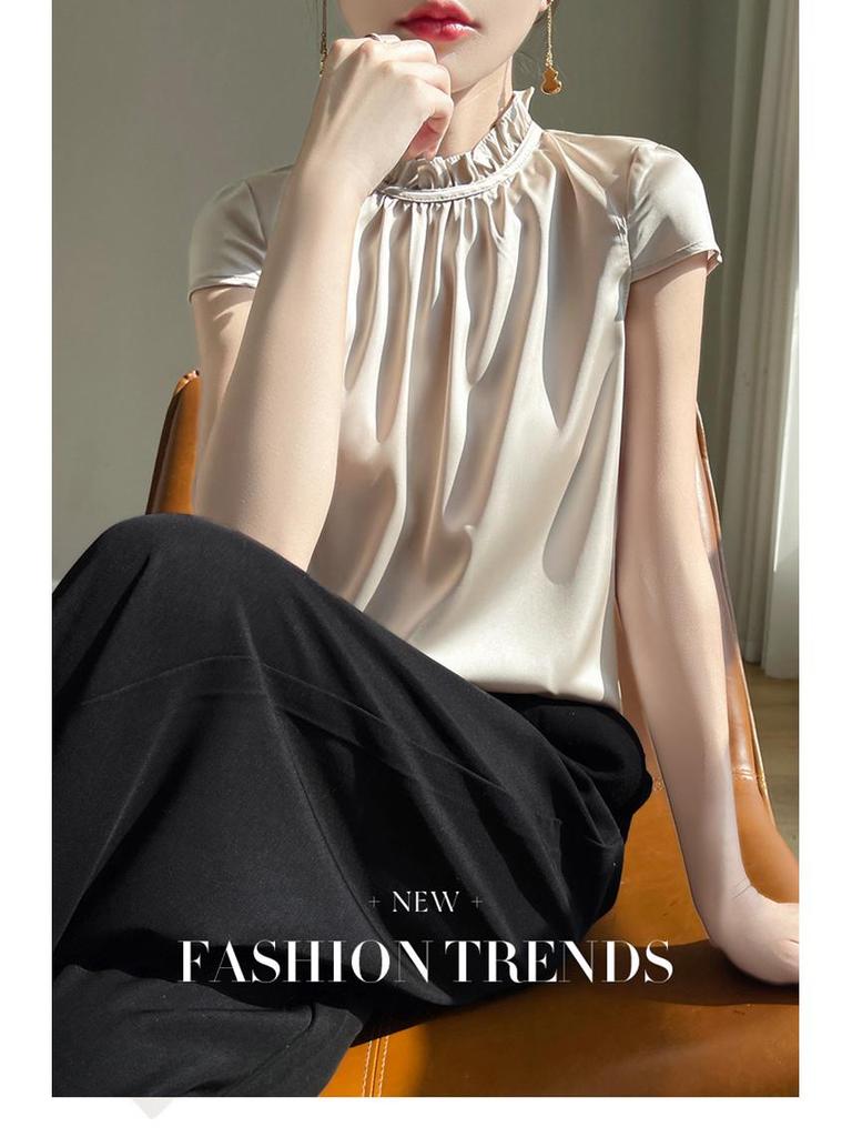 Women's Faux Silk Mock Neck Short Sleeve Satin Tank Top