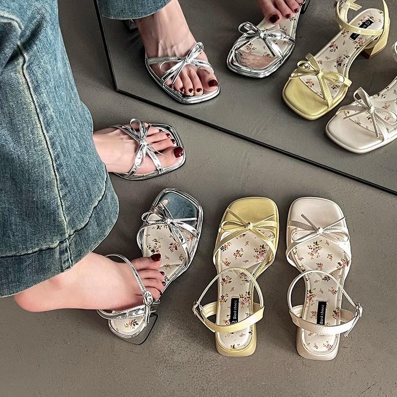 Fashion Yama Roman high-heeled slippers 2025 summer new thin strips with open-toed buckle straps medium-heeled sandals women