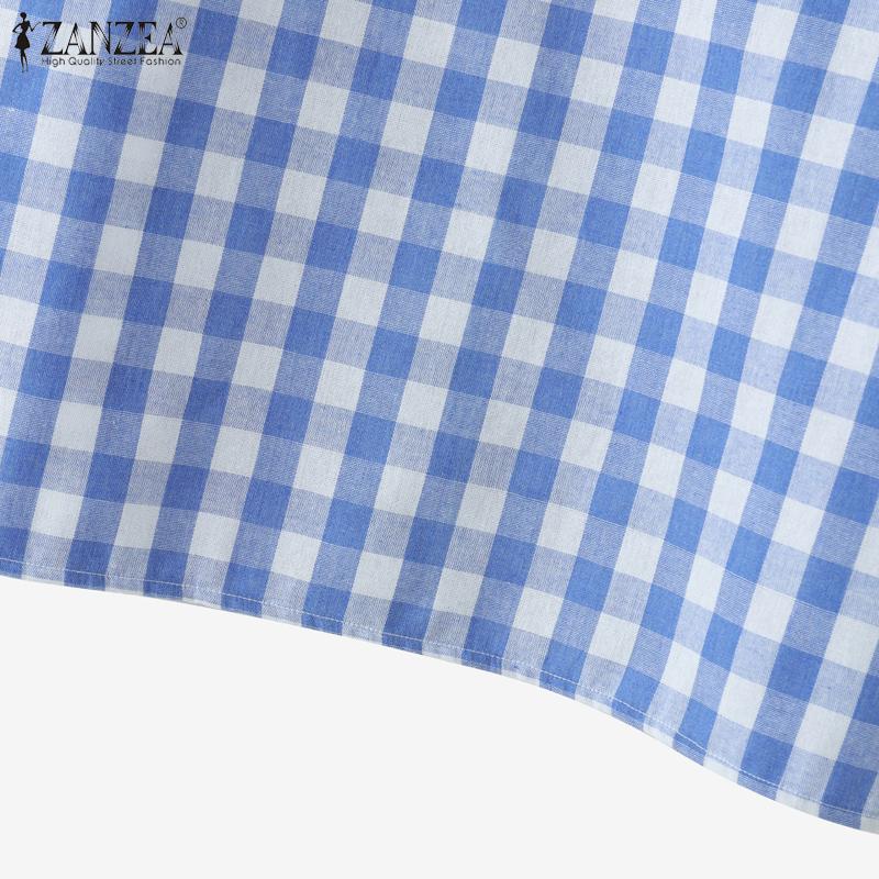 ZANZEA Women Casual Round Neck Half Sleeve Grid Print Blouse