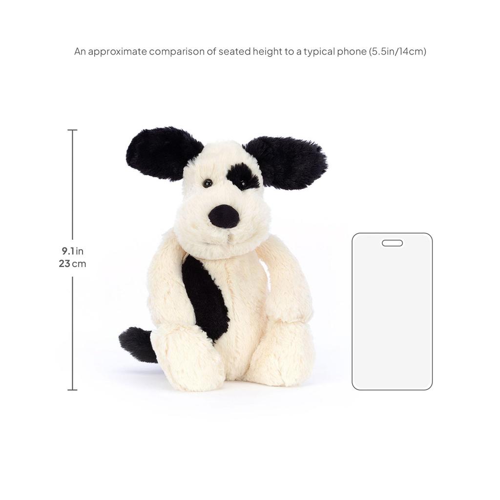 Jellycat Bashful Puppy Medium Plush Sitting Height Black Cream Dog, 20cm, &