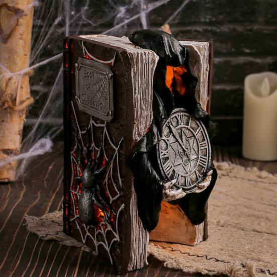 Halloween Skull Book Statue Spooky Resin Skull Spider Web Book Figurine with Grim Reaper Gothic Home Tabletop Decor