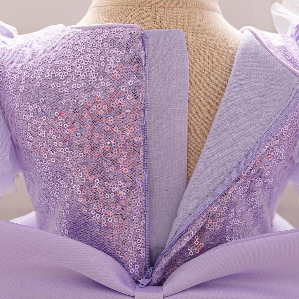 Purple Mesh Butterfly Princess Dress with Puffy Bubble Sleeves for Girls