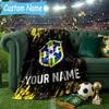 Custom Name Brazilian Football Emblem Flannel Blanket, Use for Birthday/Holiday Gift, Soft Blanket for Sofa/Bed/Camping/Office, Home Decor