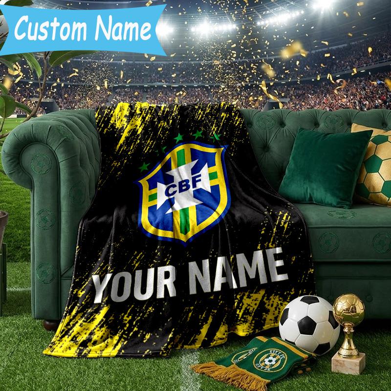 Custom Name Brazilian Football Emblem Flannel Blanket, Use for Birthday/Holiday Gift, Soft Blanket for Sofa/Bed/Camping/Office, Home Decor
