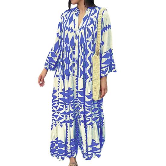 

Платье богемного контрастного цвета с геометрическим принтом в стиле пэчворк, трапециевидной формы, с длинным рукавом и воротником-стойкой, с V-образным вырезом, до щиколотки, платье макси