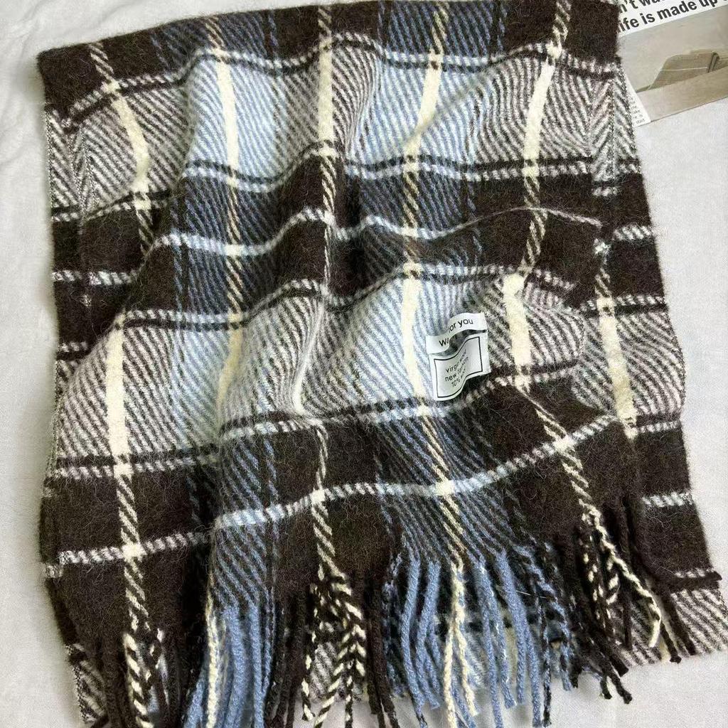 Women's Wool Blend Plaid Tassel Scarf - Warm, Thick, Versatile Korean-Style Shawl for Autumn/Winter