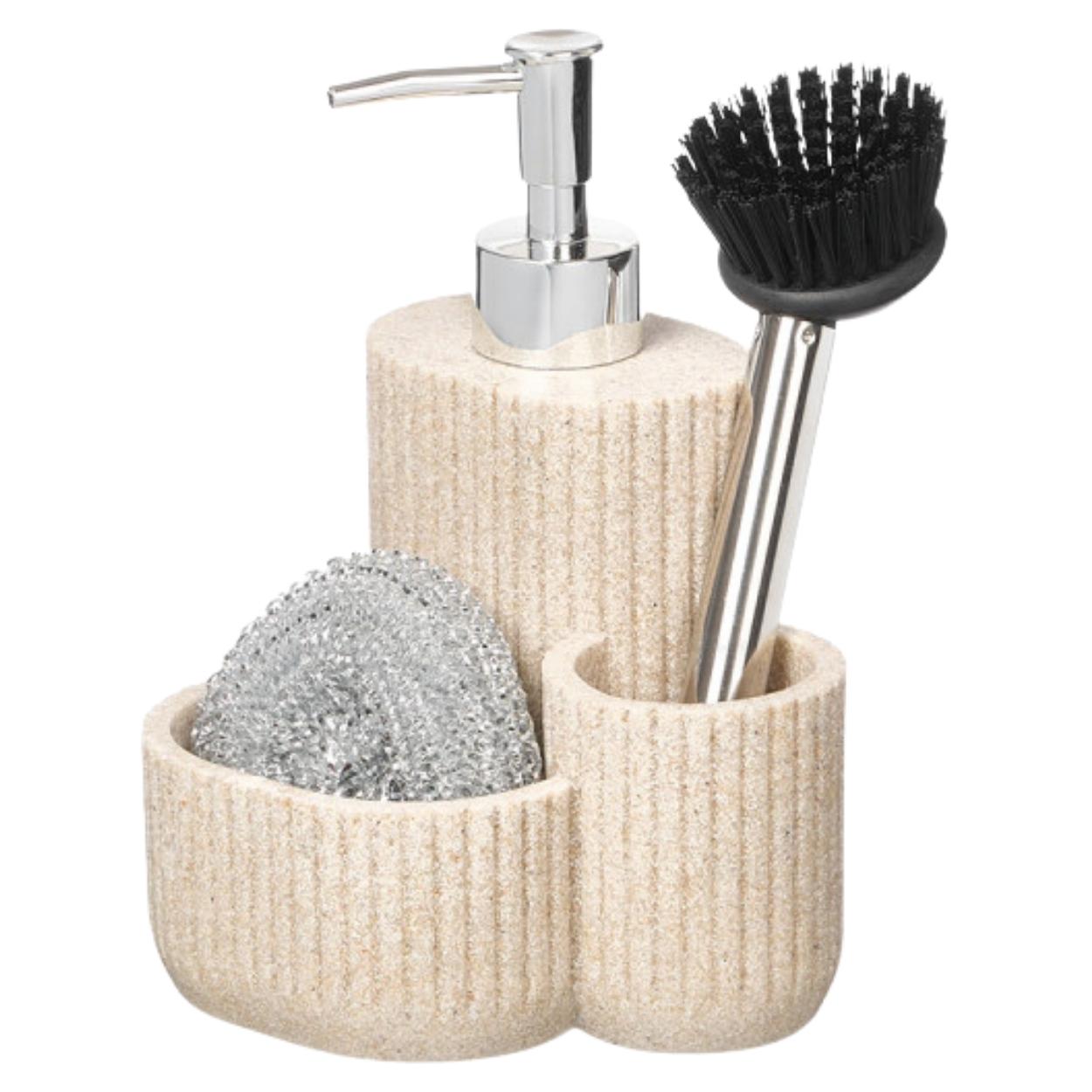 Keuken Dispenser voor Afwasmiddel met Borstel en Schuurspons Beige