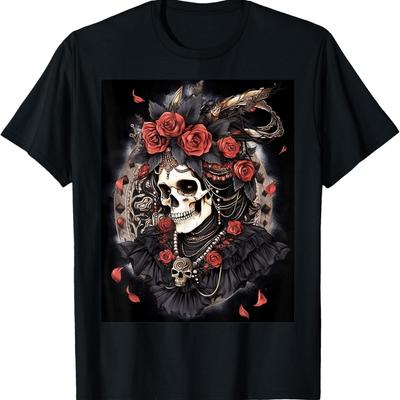 Beauté intemporelle_ T-shirt Crâne Orné de Roses Rouges Victoriennes