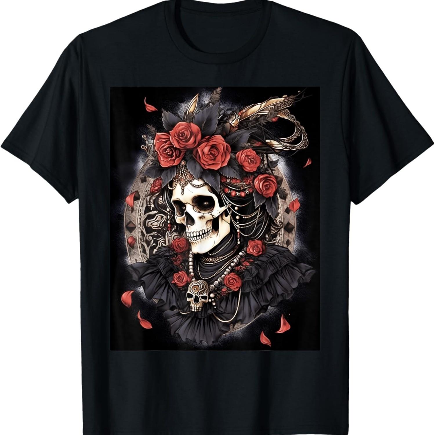 Timeless Beauty_ Skull Adorned with Victorian Red Roses T-Shirt S чёрный