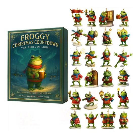 Frog Theme 2025 Christmas Advent Calendar 24 Day Countdown Box with 12 Acrylic Hanging Ornaments Xmas Tree Decorations