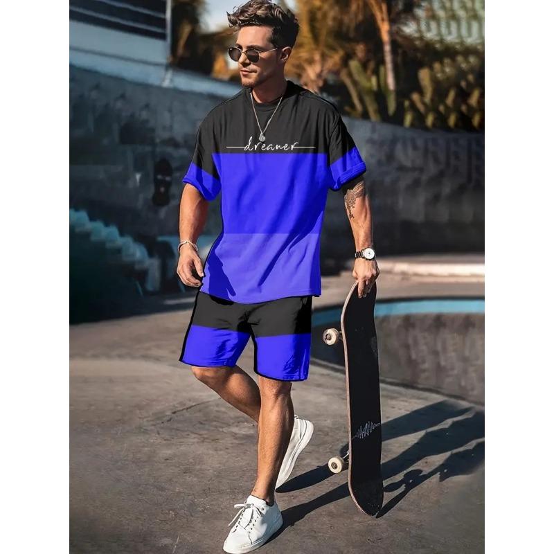 Men's Fashion Suit Harajuku Style Short-sleeved T-shirt + Shorts Two-piece Set Men's Trendy Sportswear Plus Size Casual Menswear