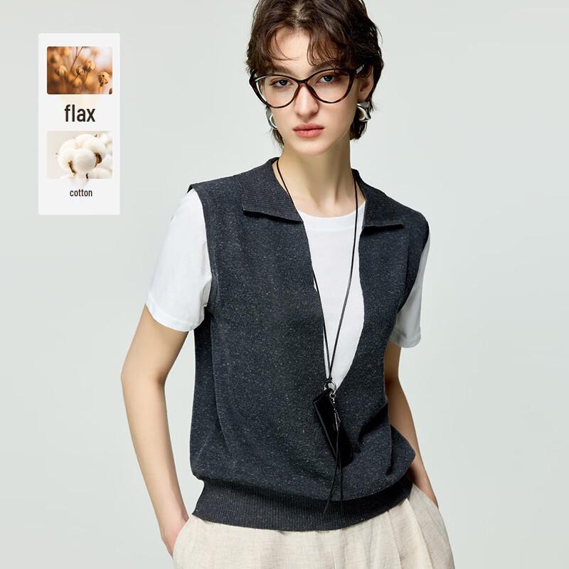 Fogway Linen Blend Colorblock Fake Two-Piece Short Sleeve Top M темно-серого