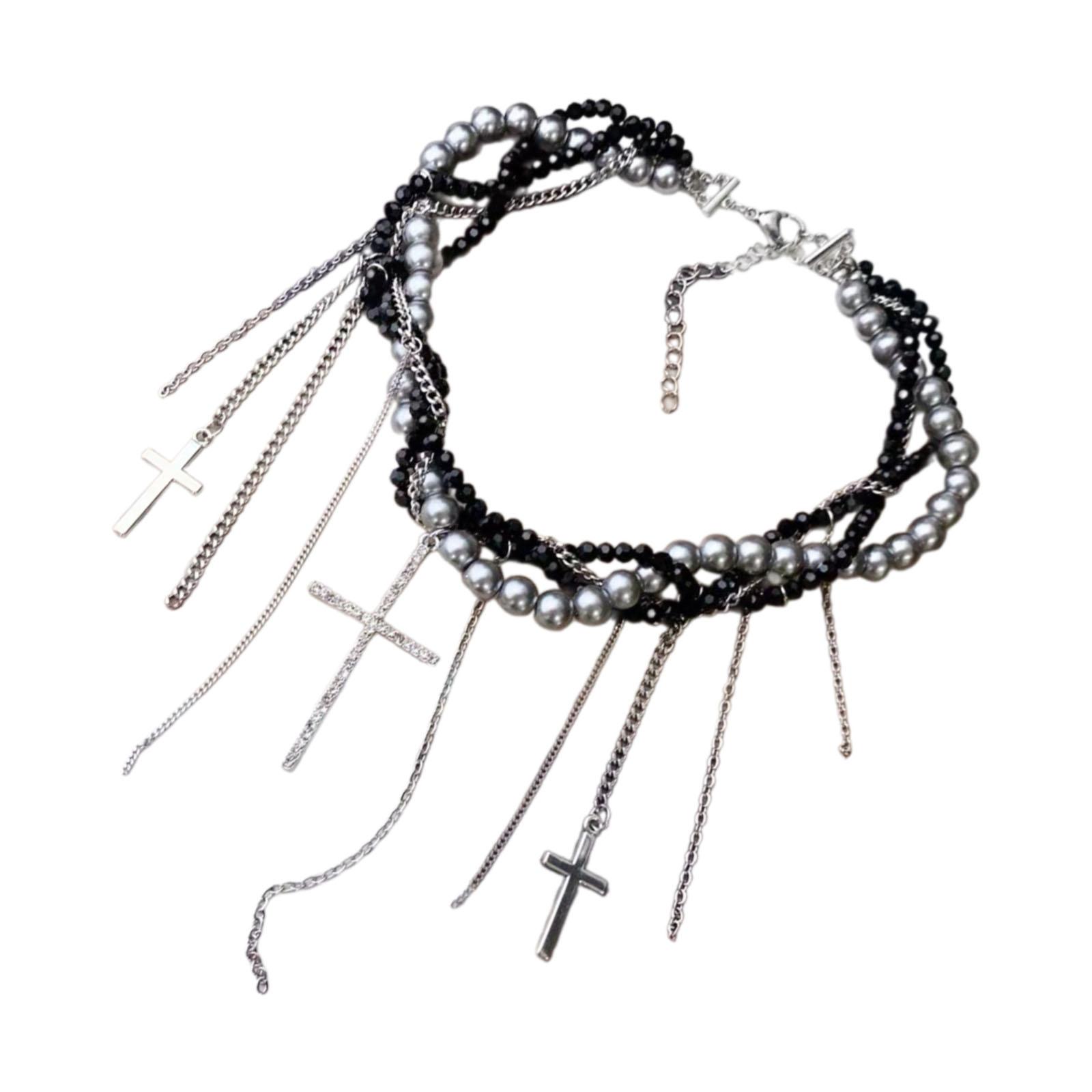 

Elegant Faux Pearls Chain Necklace with Tassels Crucifix Pendant Neckchain for Fashionable Women Stylish Clavicle Chain чёрный