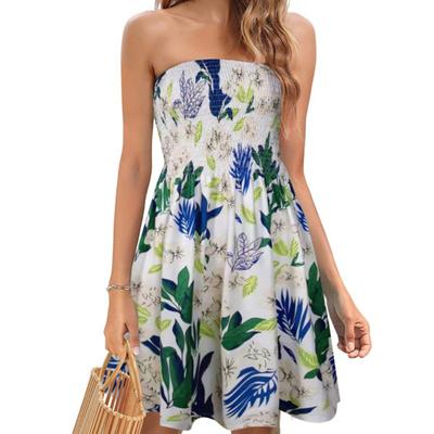 Γυναικείο καλοκαιρινό φόρεμα Off Shoulder Bandeau Αμάνικο εξώπλατο Bohemian Floral εμπριμέ σε γραμμή Α ελαστικό μπούστο μέχρι το γόνατο Vacation Beach Dress