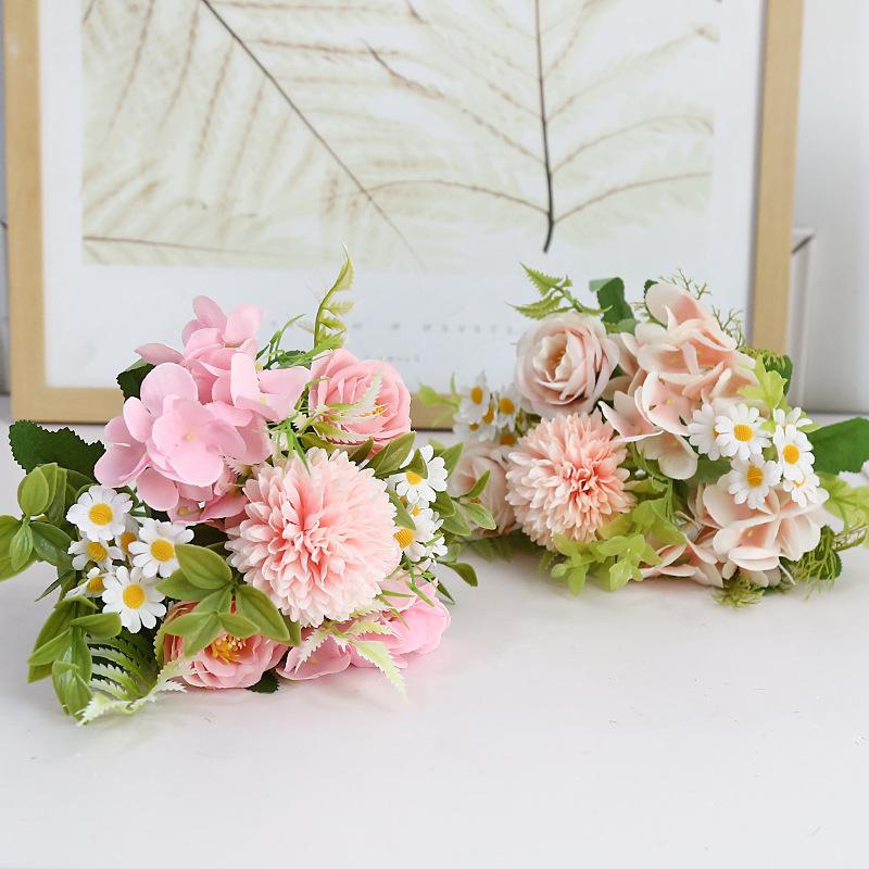 Multicolor Mixed Flower, Beautiful Pink Artificial Flower, Hydrangea Dandelion Silk, Fake Bouquet, Home Wedding Decoration, 1Pc
