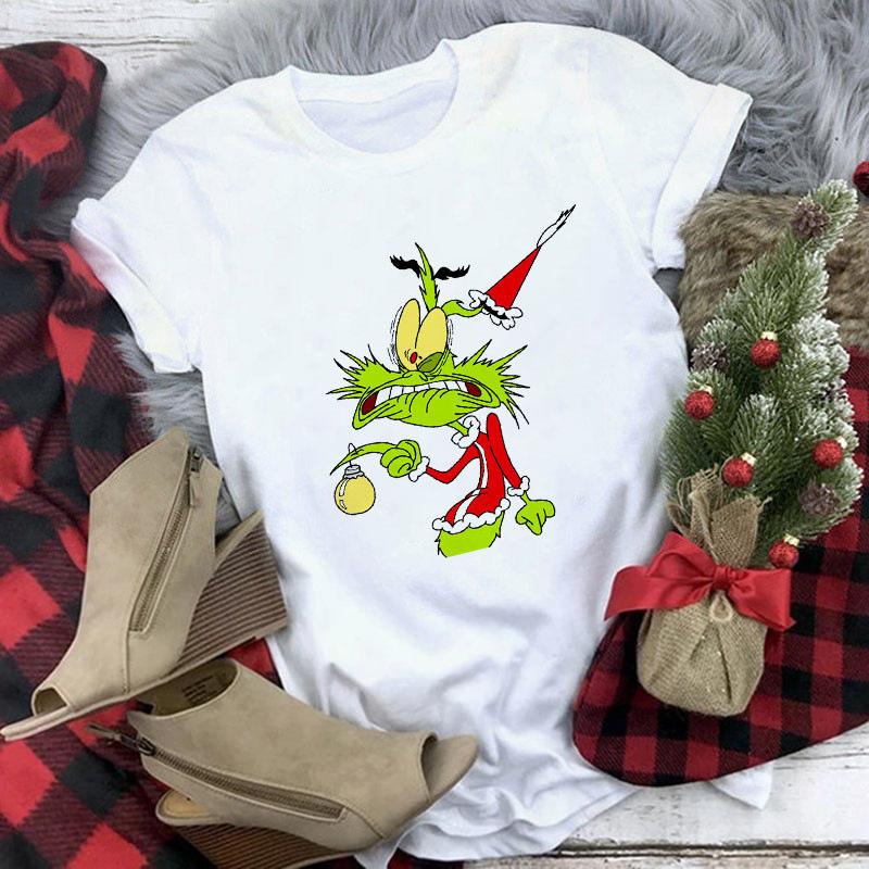 Women's Crew Neck Short Sleeve Graphic Print Christmas T-Shirts Loose Fit Casual Tees