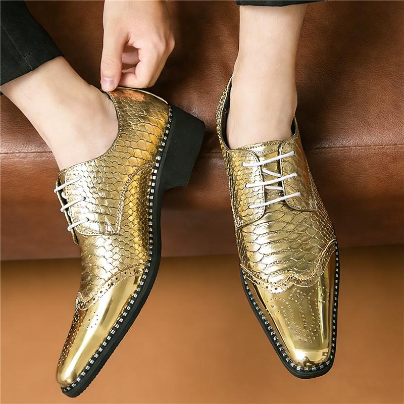 Luxury  Pointed Gold Patchwork Lace Up Brogues Shoes For Men Brand Designer Casual Loafers Formal Dress Footwear Zapatos Hombre